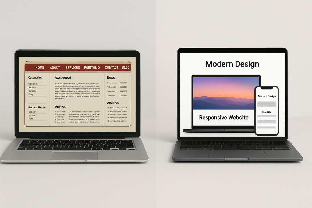 Old outdated website versus modern responsive redesign