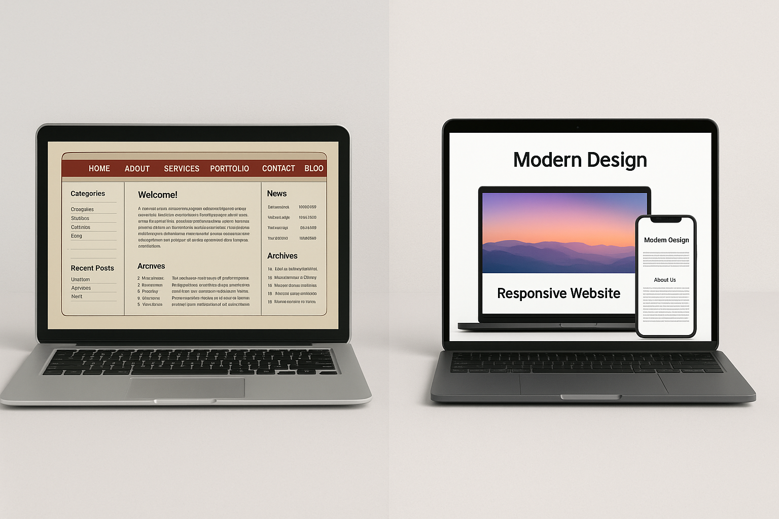 Old outdated website versus modern responsive redesign